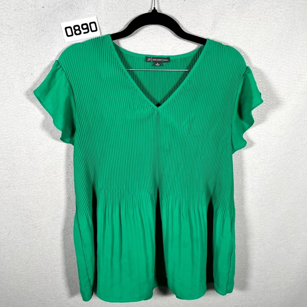 Adrianna Papell Blouse Top Womens 8 Green V Neck Ruffle Sleeve Casual‎ Outdoor